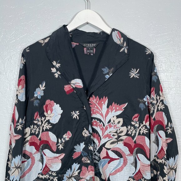 Citron Santa Monica Women XL Black Cream Pink Embroidered Floral Silk Jacket - Picture 3 of 9